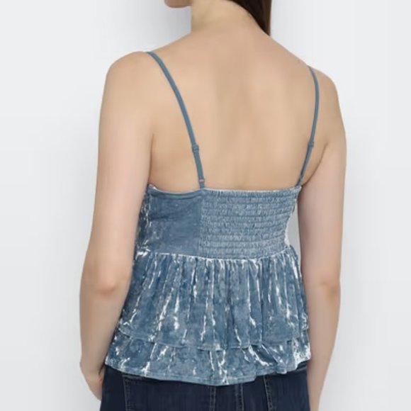 NWOT American Eagle Blue Velvet Tiered Babydoll Top M - Picture 2 of 7
